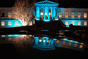 Das Staatliche Museum in Schwerin bei Nacht. Die Fenster sind beleuchtet. Der historische Bau mit seinem Säuleneingang wird blau angestrahlt und spiegelt sich im Boden.