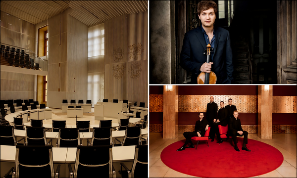 Collage aus drei Bildern. Zu sehen sind der Plenarsaal in Schwerin, ein Musiker und eine Musikgruppe.