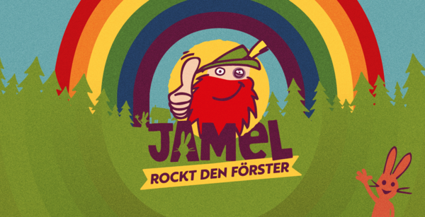 Eine Zeichnung. Zu sehen ist ein Förster mit Hut, umgeben von einem Regenbogen.