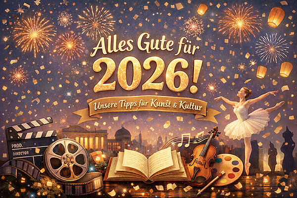 Ein Bild zeigt Beispiele für Kultur. Die Beispiele sind: ein Buch. Eine Tänzerin. Ein Musikinstrument. Auf dem Bild steht: Alles Gute für 2026.