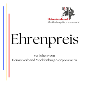 Das Logo zum Ehrenpreis. Schwarze Schrift auf weißem Hintergrund. Links die Farben von MV in dünnen Linien.