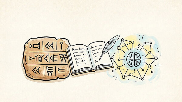 Drei Symbole. Sie zeigen Keilschrift, ein Buch und KI.