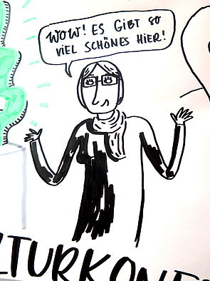 Birgit Hesse als Zeichnung zur Eröffnung der Konferenz. In ihrer Sprechblase steht: "Wow, es gibt so viel Schönes hier!".