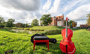 Auf einer Wiese stehen ein rotes Cello und ein schwarz-roter Hocker. Im Hintergrund steht das Schloss Ulrichshusen.