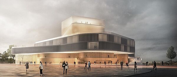 Außenansicht des künftigen Volkstheaters. Die Fassade ist ein asymmetrischer Bau, dreistöckiger Bau, aus dem eine Art Turm hervorragt.