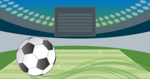 Eine Zeichnung. Auf einem Fußballfeld liegt ein Ball. Darüber ist das Dach eines Stadions angedeutet.