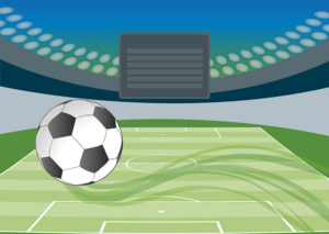 Eine Zeichnung. Auf einem Fußballfeld liegt ein Ball. Darüber ist das Dach eines Stadions angedeutet.