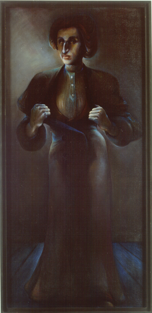 Auf einem Gemälde öffnet eine Frau ihr Dekolletee. 