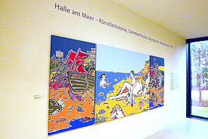 Gemalte Strandbilder in bunten Farben.