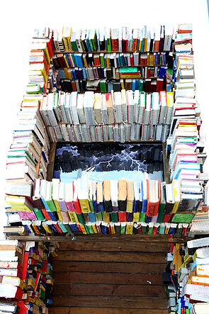 Blick von oben auf Regale voller Bücher.