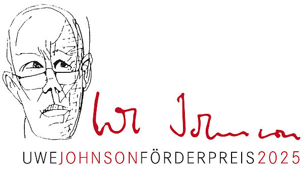 Das Logo zum Wettbewerb. Zu sehen ist eine Zeichnung, die einen Mann zeigt. Der Mann ist Uwe Johnson.