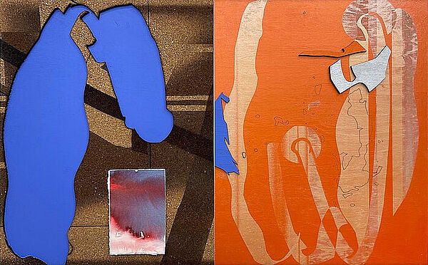 Ein abstraktes Bild. In den Farben Orange, Blau und Braun.