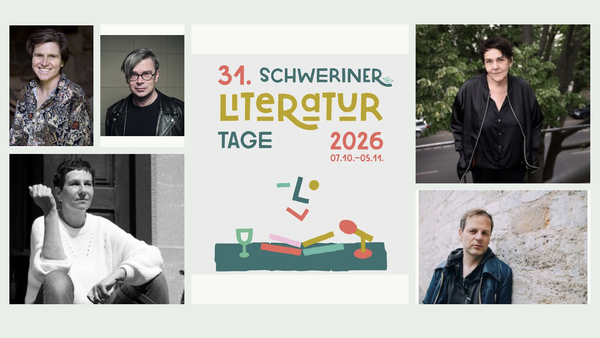 Fünf Porträts von Frauen und Männern. Sie stellen ihre Bücher in Schwerin vor.