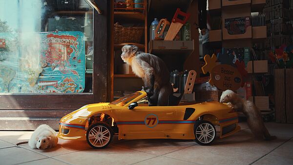 Ein Affe sitzt in einem gelben Spielzeugauto in dieser Filmszene.