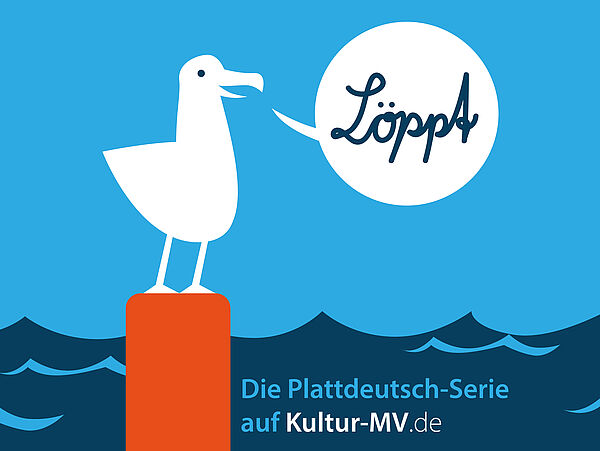 Eine Möwe am Meer. Die Zeichnung wirbt für eine Serie auf Plattdeutsch.