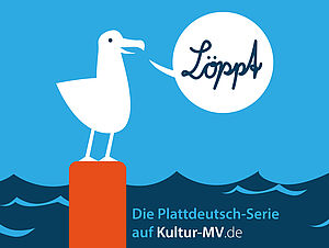 Eine Möwe am Meer. Die Zeichnung wirbt für eine Serie auf Plattdeutsch.