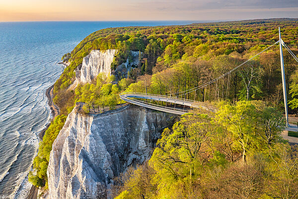 Eine Luftaufnahme vom Skywalk, den Kreidefelsen, Buchenwäldern und der Ostsee. 