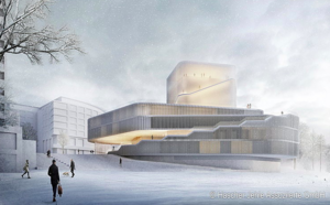 Eine Illustration zeigt, wie das neue Theater aussehen soll. Die Fassade ist geschwungen und unterbrochen.