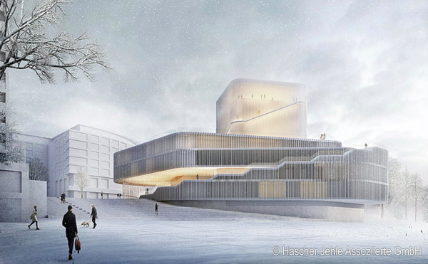 Eine Illustration zeigt, wie das neue Theater aussehen soll. Die Fassade ist geschwungen und unterbrochen.