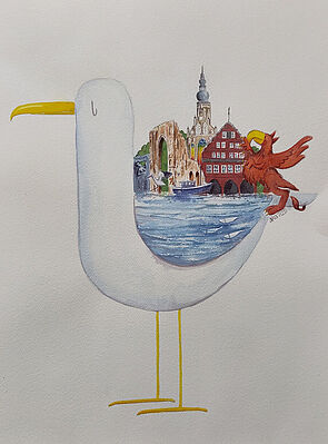 Eine Möwe. Auf ihrem Rücken stehen Häuser von Greifswald. Ein Flügel ist blau wie Wasser.