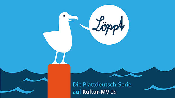 Eine gezeichnete Möwe sitzt auf einem Poller am Wasser.