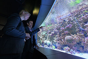 Ministerpräsidentin Manuela Schwesig und die ersten Besuchenden des Aquarienrundgangs.