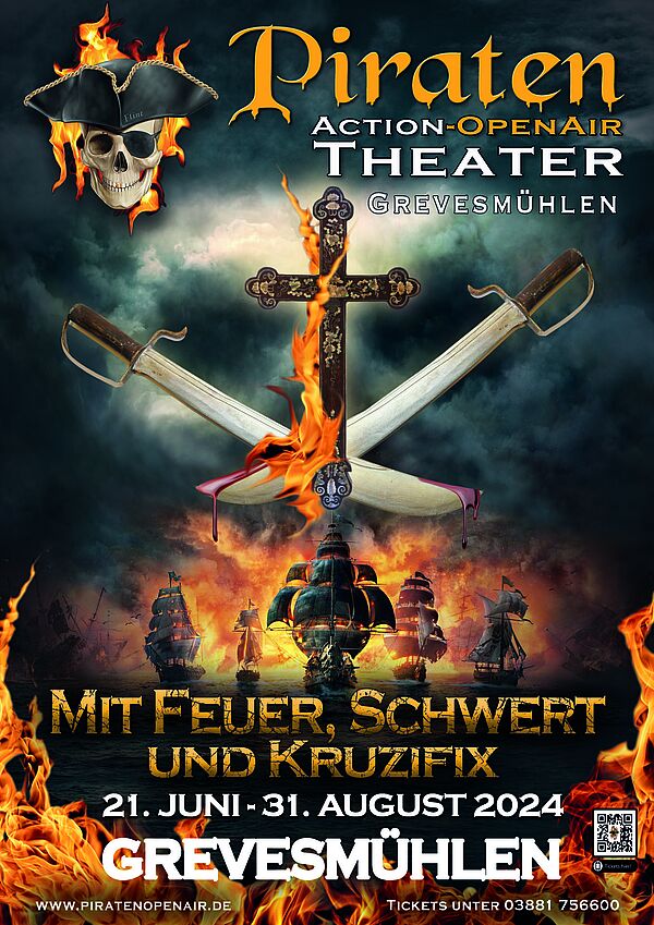 Zwei Schwerter kreuzen sich hinter einem Kruzifix. Drumherum die Ankündigung des Piraten-Open-air.