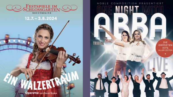 Zwei Plakate mit Ankündigungen. Links spielt eine Frau Geige, rechts jubelt ein Ensemble auf der Bühne.