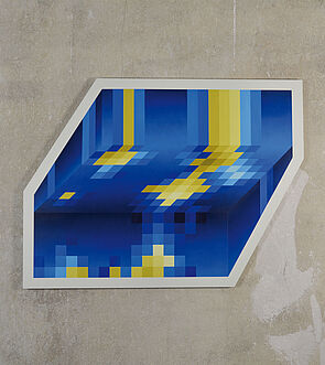 Gesprühte Kunst in blauer und gelber Farbe.