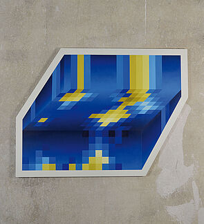 Gesprühte Kunst in blauer und gelber Farbe.