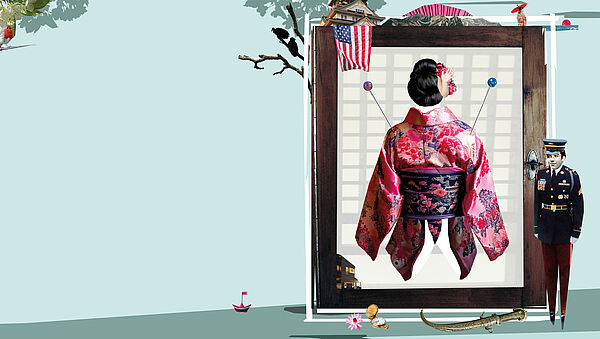 Das Plakat zur Aufführung. Zu sehen sind ein Marineoffizier und eine Geisha von hinten.