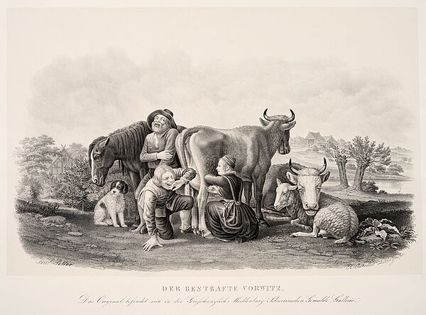 Die Zeichnung zeigt 2 Bauern und eine Bäuerin. Die Frau melkt eine Kuh. Dabei stehen verschiedene Tiere.