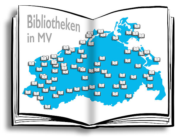 Ein gezeichnetes, aufgeschlagenes Buch. Auf den Buchseiten ist eine blaue Landkarte von MV. Darauf verteilen sich kleine, aufgeschlagene Bücher. Sie symbolisieren die Standorte öffentlicher Bibliotheken.