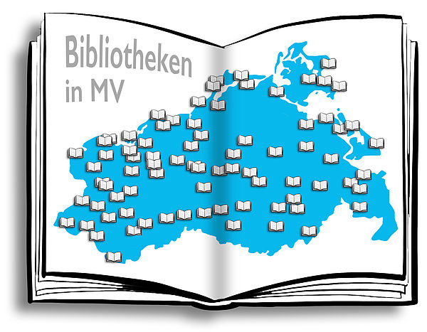 Ein gezeichnetes, aufgeschlagenes Buch mit einer blauen Landkarte von MV. Darauf verteilen sich kleine, aufgeschlagene Bücher. Sie symbolisieren die Standorte öffentlicher Bibliotheken.
