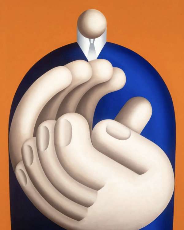 Eine gemaltes Bild. Darauf ist ein Mann mit kleinem Kopf und riesigen Händen zu sehen.