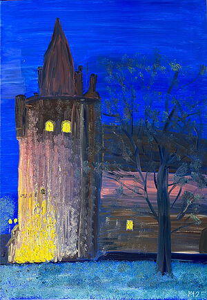 Eine Burg vor blauem Hintergrund. Drei Fenster in der Burg sind beleuchtet. 