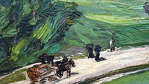 Ein Gemälde mit einer Straße, einem Fuhrwerk, Bäumen und Wiese.
