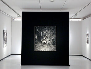 Eine große Grafik hängt an einer schwarzen Wand.