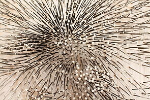 Nahaufnahme vieler Nägel, die in einem weißen Hintergrund stecken.