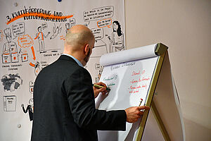 Sebastian Kalden steht mit dem Rücken im Raum und schreibt auf einem Flipchart.