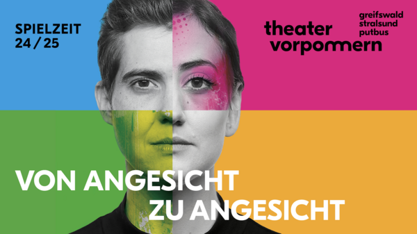 Das Plakat zur Spielzeit. Zu sehen ist ein zusammengefügtes Gesicht, der Hintergrund hat vier Farben.