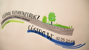 Drei geschwungene graue, grüne und blaue Linien auf einem weißen Blatt. Zwei Bäume, etwas Grün. Auf der Zeichnung steht "Regionalkonferenz Güstrow 2.3.2019". 