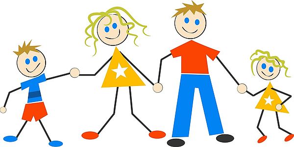 Ein Junge, eine Frau, ein Mann, ein Mädchen, dargestellt als vier gezeichnete Figuren, die sich an den Händen halten und lachen. 