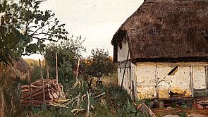 Das Gemälde zeigt einen alten Bauernkaten.