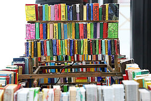 Blick auf ein buntes Regal voller Bücher.