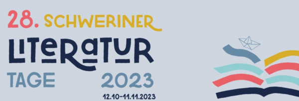 Das Logo der Literaturtage. Die Infos stehen in verschiedenen Farben auf hellblauem Grund.