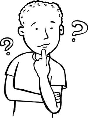 Ein Mensch. Der Mensch hält einen Finger an das Kinn. Neben dem Kopf sind zwei Fragezeichen. Der Mensch denkt nach.