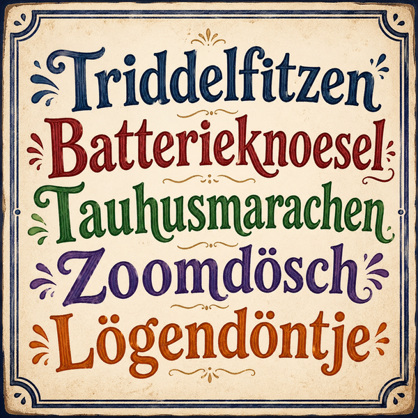 Auf einer alten Kachel stehen fünf Begriffe auf Plattdeutsch.