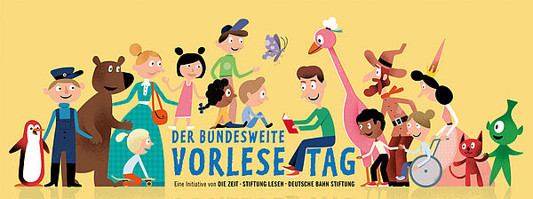 Eine Illustration zum Vorlesetag. Mit Kindern und Erwachsenen, Märchenfiguren und Tieren. Ein Mann liest aus einem Buch. Alle anderen Figuren hören zu.