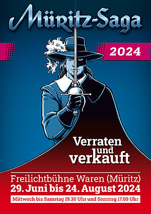 Das Plakat zeigt einen Musketier in der Silhouette.